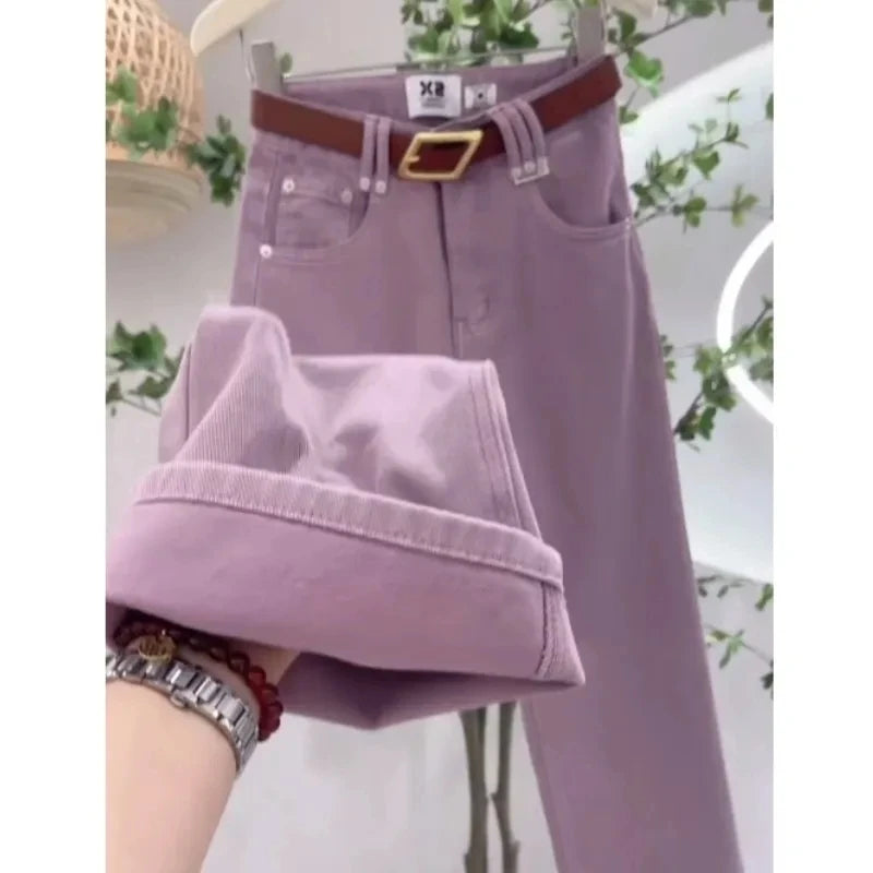 Jeans Women Spring And Summer 2024 New Straight Pants Pocket Buttons Slim And Comfortable High Waist Solid Color Wide-Leg Pants